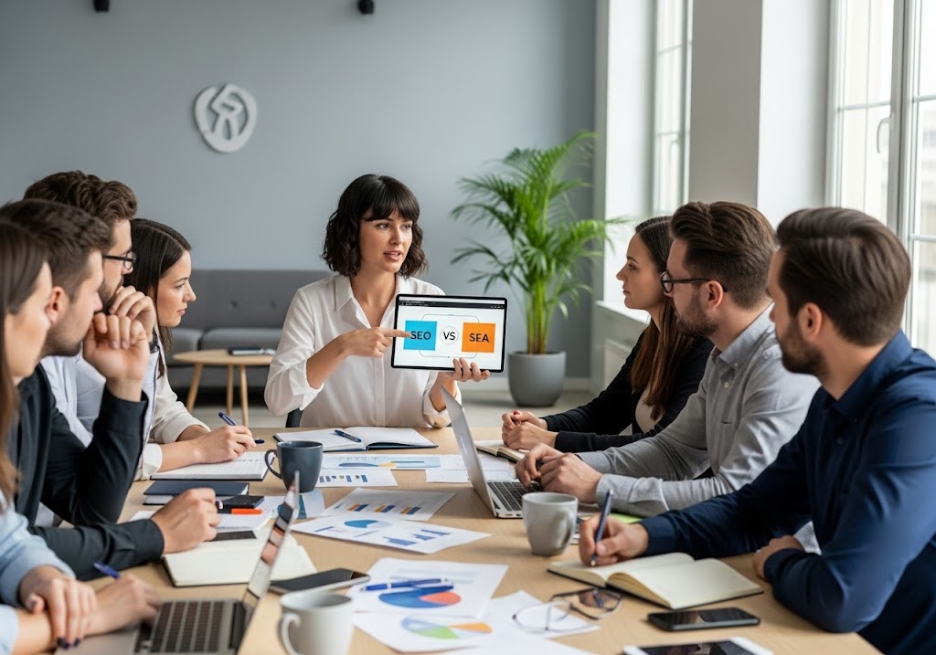 Dans une salle de réunion moderne, un petit groupe de professionnels du marketing digital est en pleine discussion stratégique. Une femme explique à l’aide d’une tablette les différences entre SEO et SEA, pendant que ses collègues — hommes et femmes de profils divers — l’écoutent avec attention et prennent des notes sur leurs ordinateurs portables. Sur la table, quelques documents, cafés et smartphones suggèrent une session de travail collaborative. L’atmosphère est studieuse et concentrée, reflétant la planification rigoureuse d’une stratégie marketing équilibrée. La lumière naturelle éclaire un espace épuré avec des plantes vertes et un design contemporain, évoquant un environnement de startup ou d’agence digitale. 8k --v 6.0 --ar 3:2